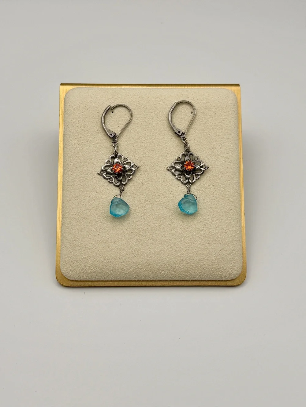 Vintage Style Filigree Drop Earrings with Red Crystals & Aqua Blue Dangles - Picture 2 of 7